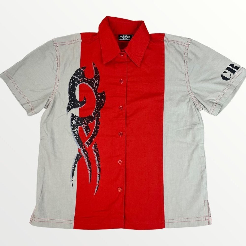 Hard Rock Park Crew Tribal Colorblock Red Grey Button Up Shirt Medium